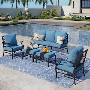 Black 5-Piece Metal Meshed 7-Seat Outdoor Patio Conversation Set with Denim Blue Cushions and 2 Ottomans