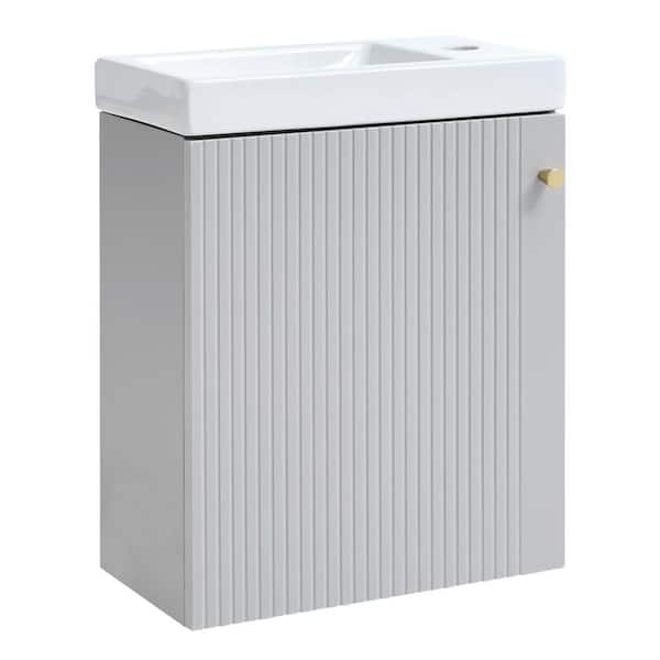 GQB 16 in. W Wall-Mounted Bathroom Vanity Cabinet in Gray W/ White Ceramic Top, Soft-Close Door Side Faucet Hole (No Faucet)