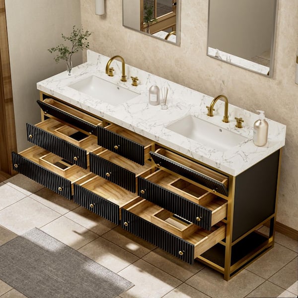 Solidoak 72 in. W x 22 in. D x 35.4 in. H Single Sink Bath Vanity in Black with White Engineered Marble Top