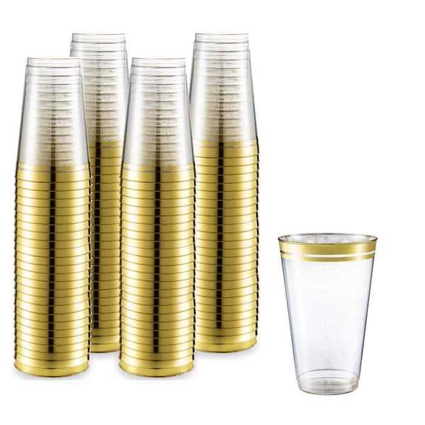 100 Pk 16 oz Hard Gold Glitter Disposable Plastic Cups Wedding, Party, Holiday, Celebration (Set of 100) Perfect Settings Tableware