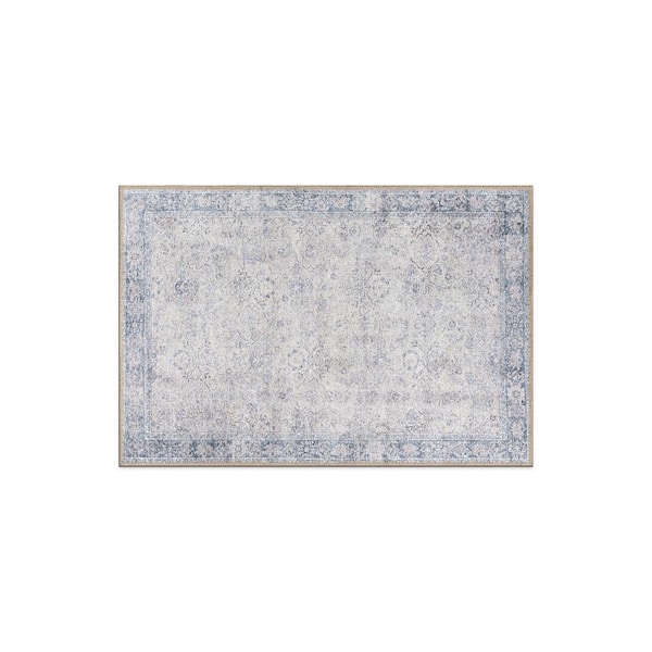 World Rug Gallery Amber Blue 2 ft. x 3 ft. Transitional Bordered Vintage Machine Washable Non Slip Area Rug