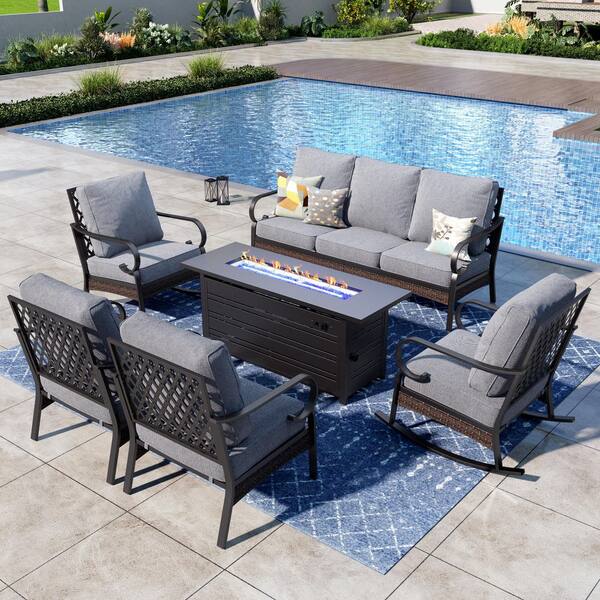 PHI VILLA 6-Piece Black Metal 7-Seats Fire Pit Patio Sets with Rocking Chairs, 50000 BTU Fire Pit Table and Gray Cushions