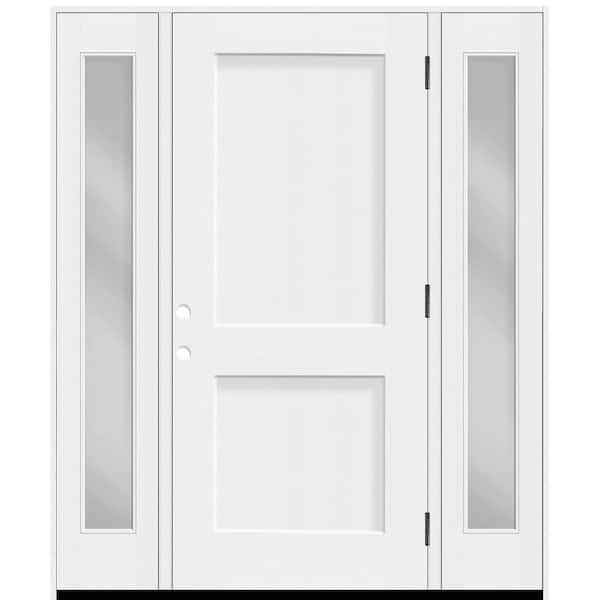 Steves & Sons Legacy 68 in. x 80 in. 2P Squaretop Shaker LHOS Unfinished White Fiberglass Prehung Front Door wClear14in.SLs6-9/16 Jamb