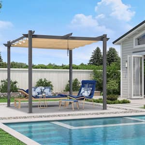 10 ft. x 10 ft. Gray Aluminum Frame Pergola with Beige Retractable Sun Shade Canopy and Extra Top Roof