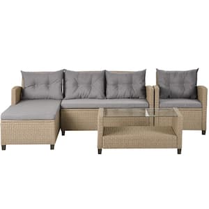 4-Piece Brown Wicker Patio Conversation Sectional Seating Set with Gray Cushions for Patio, Garden, Poolside, Backyard