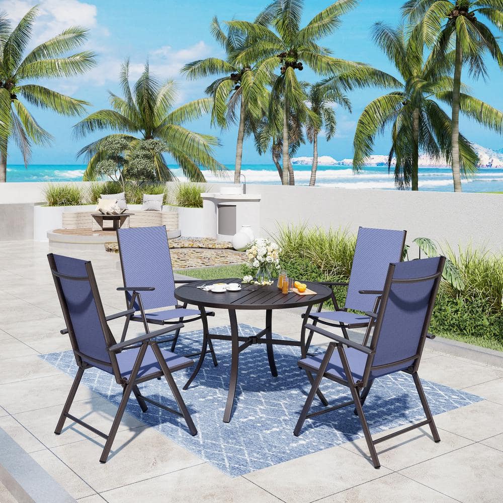 5-Piece Metal Patio Outdoor Dining Set with Round Table and Blue Reclining Folding Sling Chair -  PHI VILLA, THD5-409N723BL