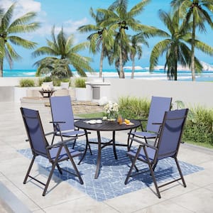 5-Piece Metal Patio Outdoor Dining Set with Round Table and Blue Reclining Folding Sling Chair