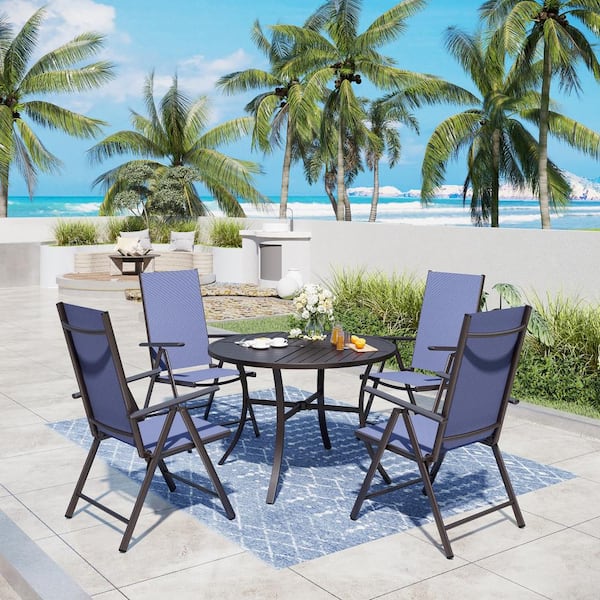 PHI VILLA 5-Piece Metal Patio Outdoor Dining Set with Round Table and Blue Reclining Folding Sling Chair