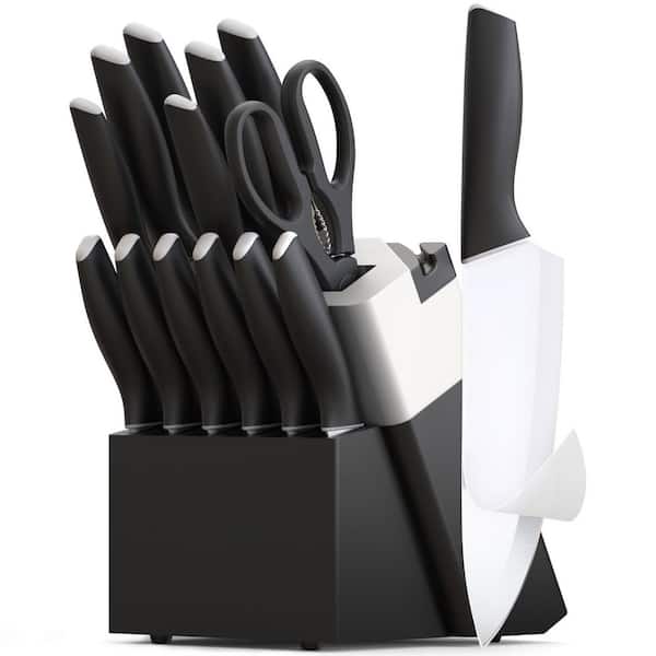 15-Piece Black German Stainless Steel Kitchen Knife Set with Block and Sharpener, Ceramic Coating