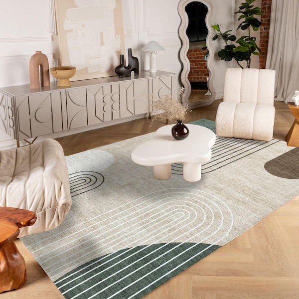 Eclipse 8'x10' (Exact Size: 7'7" x 10'10") Mid-Century Modern Indoor Area Rug, Beige Green, Abstract