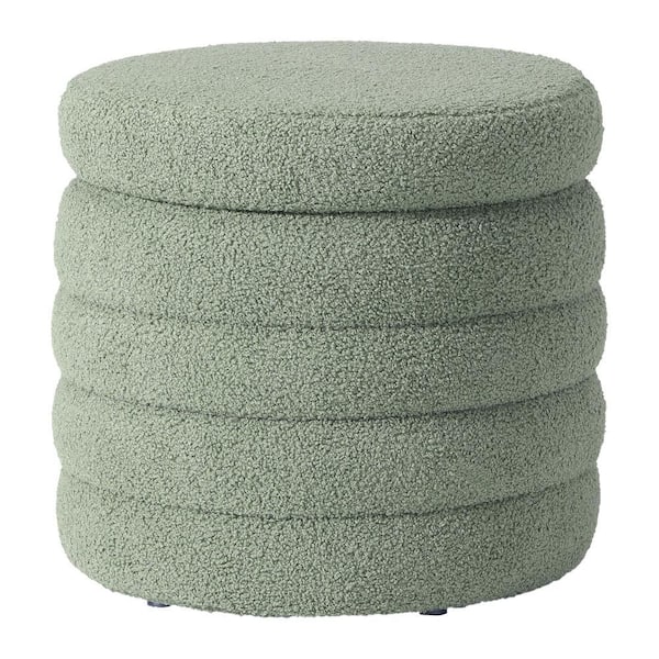 Bayville Modern 16" Tall Sherpa Fabric Tufted Round Storage Ottoman in Ice Green