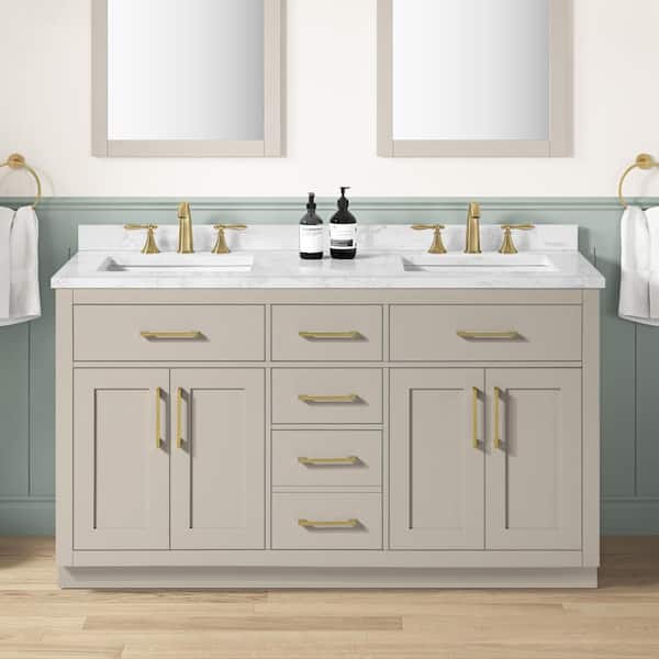 Athea 60 in. Freestanding Greige Bath Vanity with White Engineered Marble Top, Power Bar and Brushed Gold Hardware