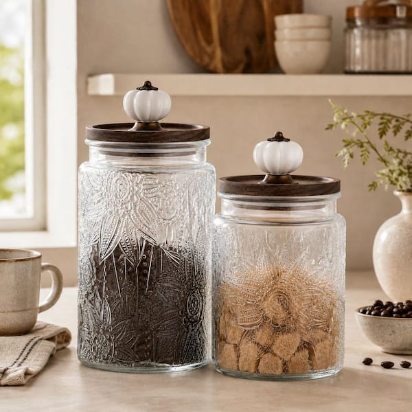 34 fl. oz. Vintage Embossed Glass Jar w/ Airtight Lid Floral Pantry Canister for Sugar, Coffee, Tea, Candy, Cookies, Pas