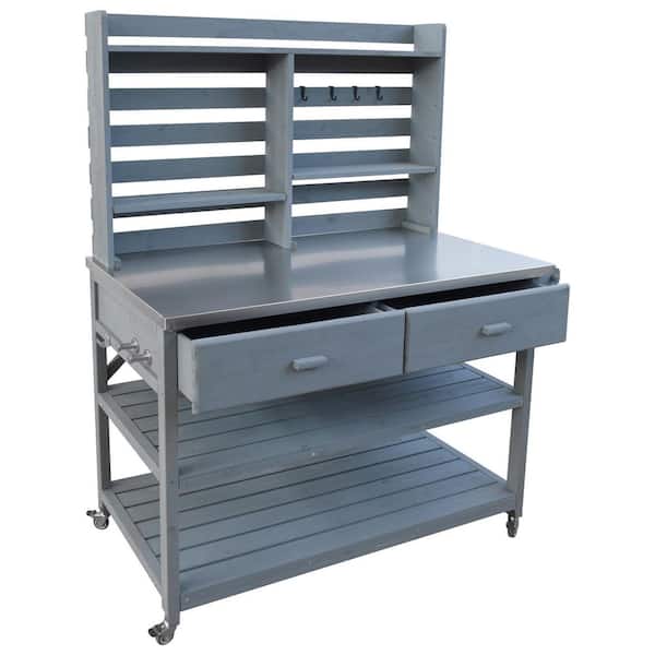 Rustic 52 in. x 22 in. x 65 in. Outdoor Gray Blue Fir Wood Garden Raised Beds Potting Bench Table with Lockable Wheels