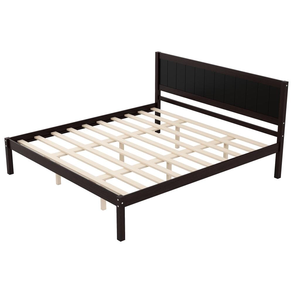 Espresso Pine Wood Frame King Platform Bed with Headboard and Wood Slat Support, No Box Spring Needed