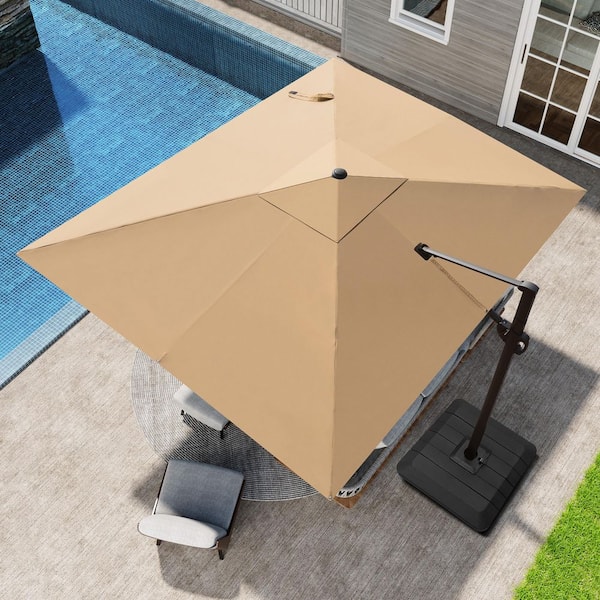 9 ft. x 11 ft. Aluminum Offset Cantilever 360° Rotation Crank Tilt Patio Umbrella in Tan with Fillable Base Weights