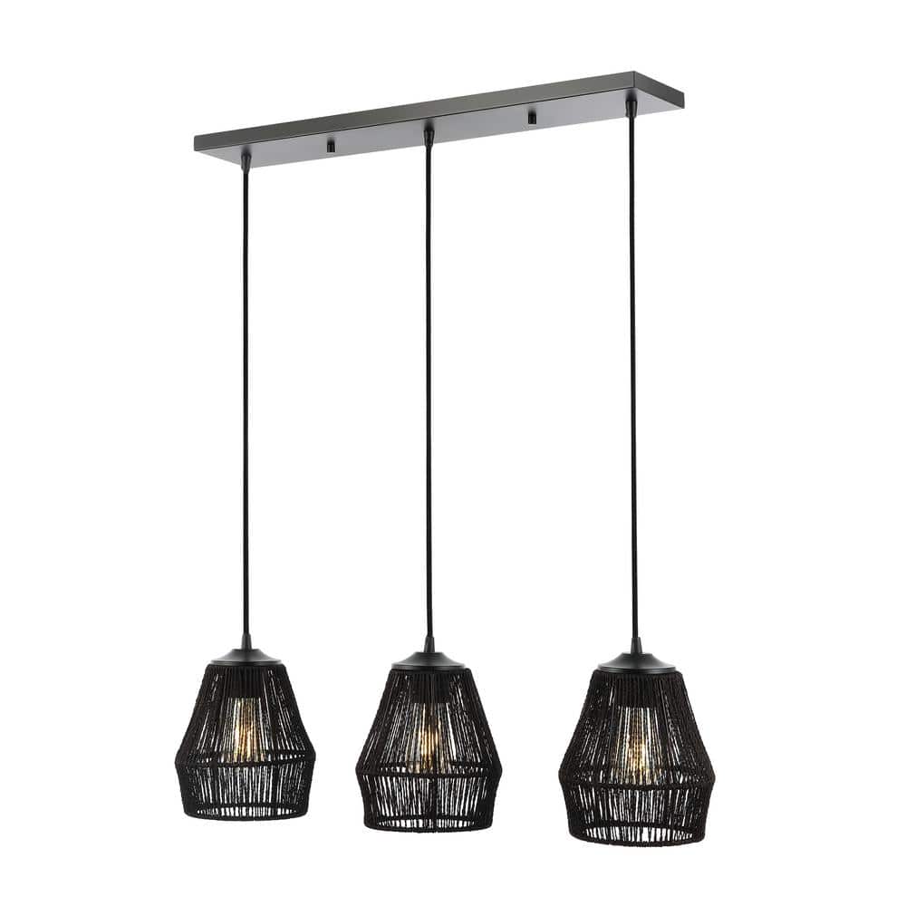 Ibiza Island Black Woven Rope and Metal 3-Light LED Pendant