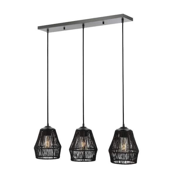 Ibiza Island 30 in. 3-Light Woven Rope/Metal Bohemian Coastal LED Linear Pendant Light, Black