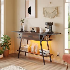 60 in. Walnut Rectangle Wood Bar Console Table, Sofa Side Table with Geometric Frame, LED Light, Drawer and Shelf