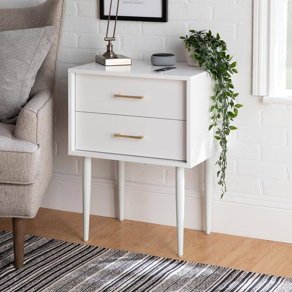 White Mid-Century Modern 2-Drawer Wood End Table