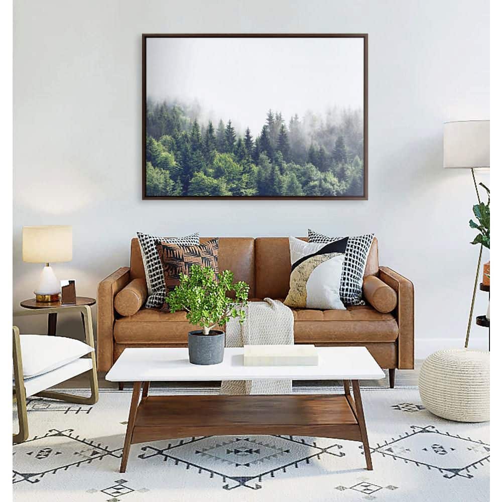 Lush Green Forest Landscape Print on Canvas with Walnut Frame