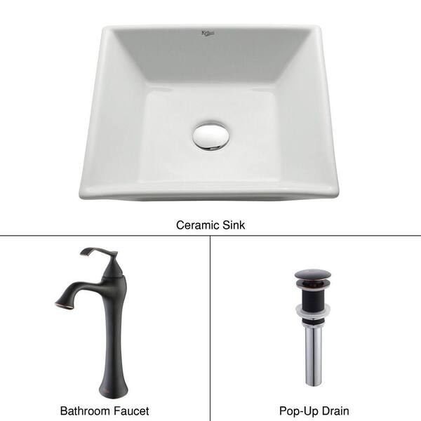 KRAUS Flat Square Ceramic Vessel Sink in White with Ventus Faucet in Oil Rubbed Bronze