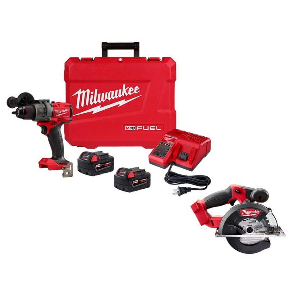 M18 FUEL 18V Lithium-Ion Brushless Cordless 1/2 in. Hammer Drill Driver Kit with 5-3/8 in. Circular Saw -  Milwaukee, 2904-22-2782-20