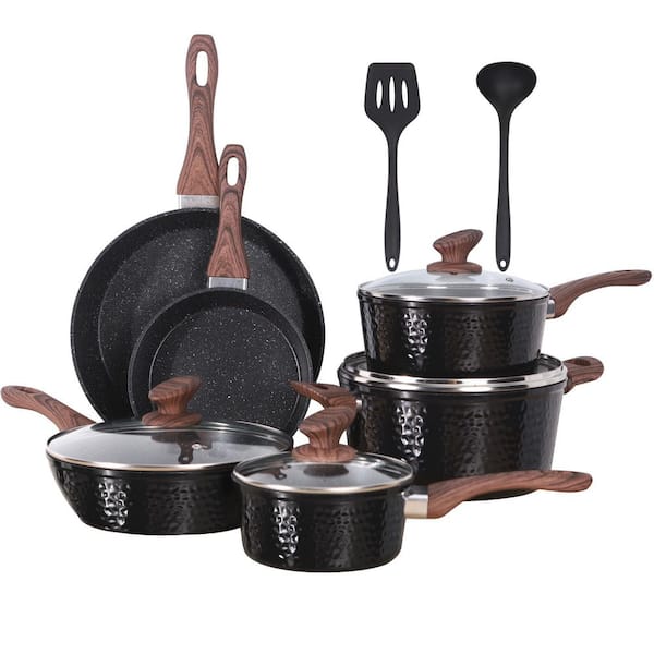 12-Piece Aluminum Hammered Cookware Set, Non-Stick Kitchen Cookware Set, Hammered Cooking Pans Set in Black