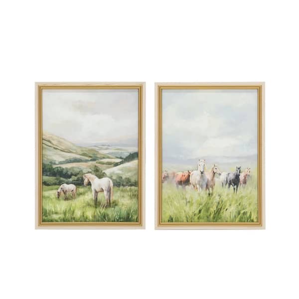 Set of 2 pcs MDF Framed Multicolored Canvas Prints with Coordinated Horse Motifs 23.6 in. x 31.5 in.