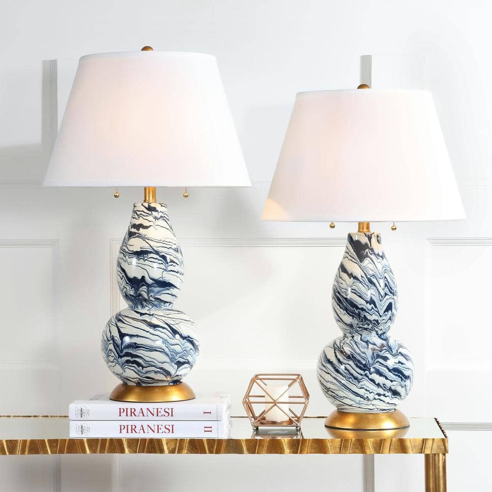 Navy and White Marbleized Glass Table Lamp Set with Gold Accents