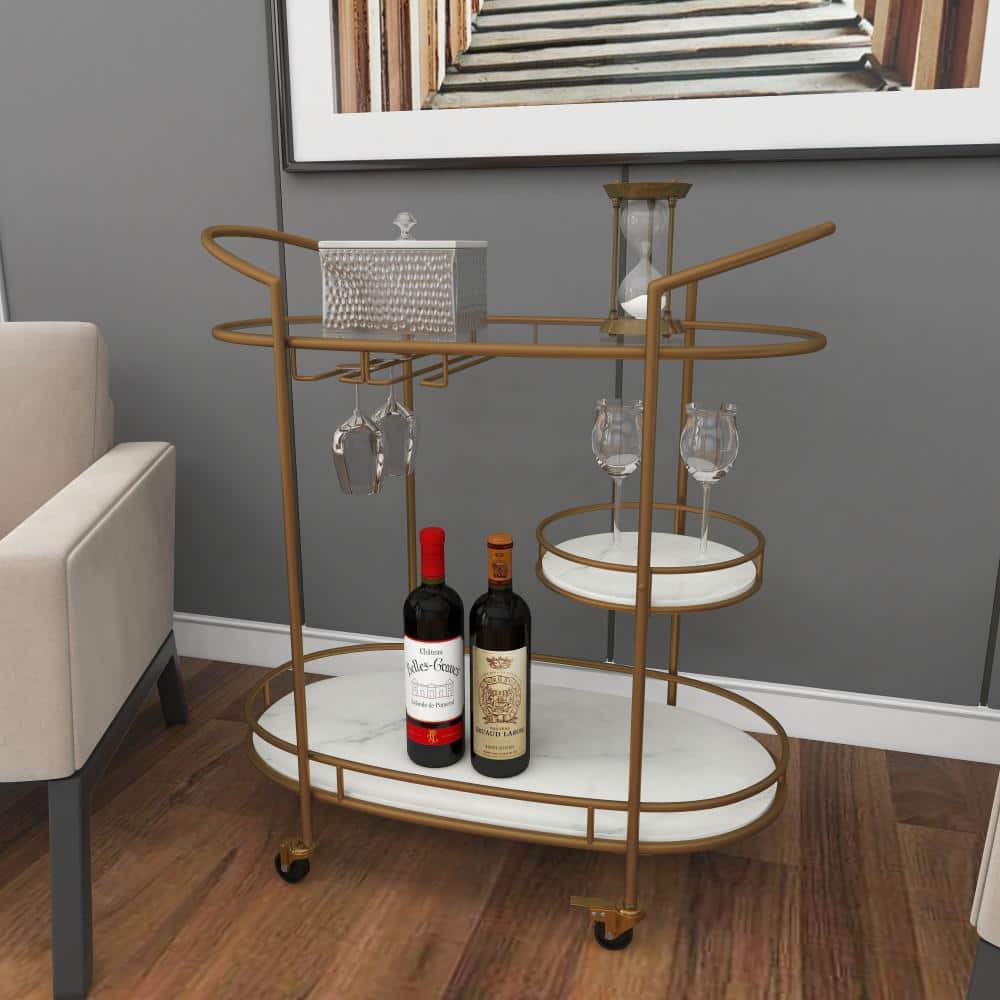 Elegant Gold Oval 3-Tier Marble and Glass Bar Cart with Wheels
