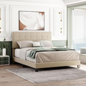 84 in.W Beige Queen Size Upholstered Platform Bed with Tufted Headboard, Upholstered Bed Frame, Box Spring Needed