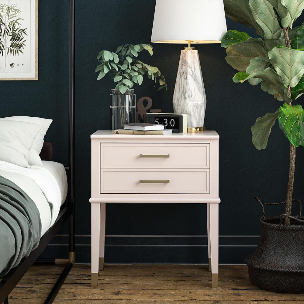 Westerleigh Modern Farmhouse Pink Wood Nightstand with Gold Accents