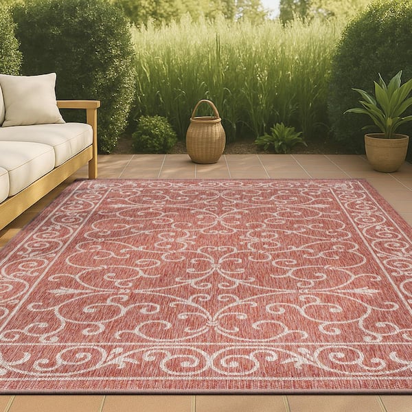 Charleston Vintage Filigree Red/Beige 3 ft. 11 in. x 6 ft. Textured Weave Indoor/Outdoor Area Rug