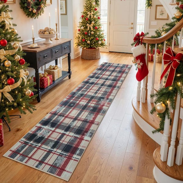 2 ft. x 6 ft. Christmas Farmhouse Snow Flake Rustic Plaid Washable Non Slip Entryway Kitchen Red and Black Area Rug