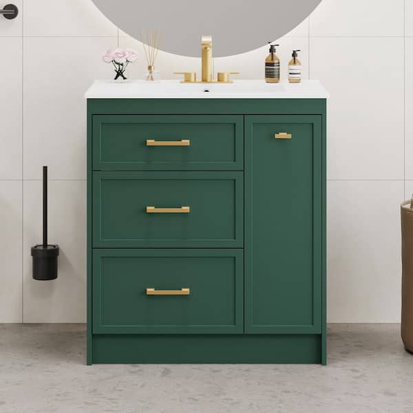 30 in. Single Sink Freestanding Green Bath Vanity with White Ceramic Top, 3 Drawers, Gold Handles
