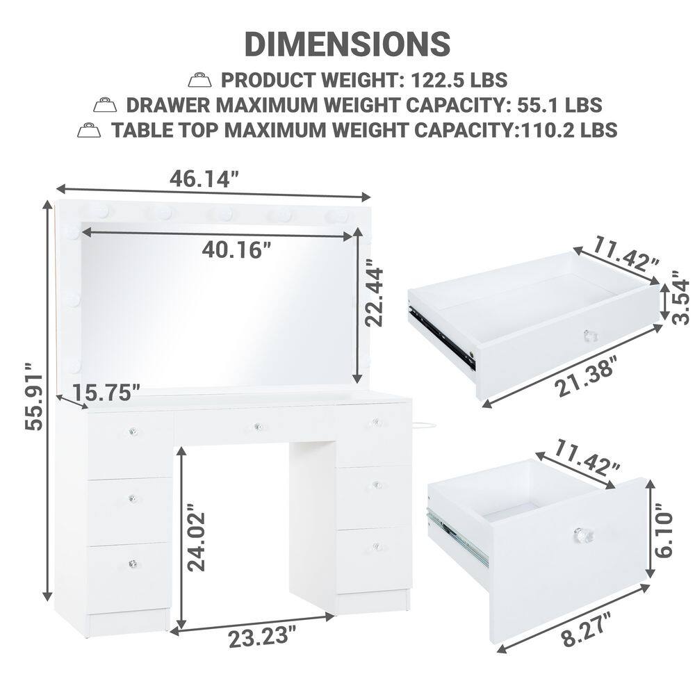 White 4-Drawer Makeup Vanity Set with LED Mirror, Stool, and 4-Shelf Storage Organizer - thumbnail 3