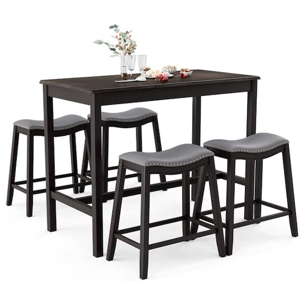Costway 5-Pieces Black Wood Bar Table Set Counter Height Table and Upholstered Saddle Stools