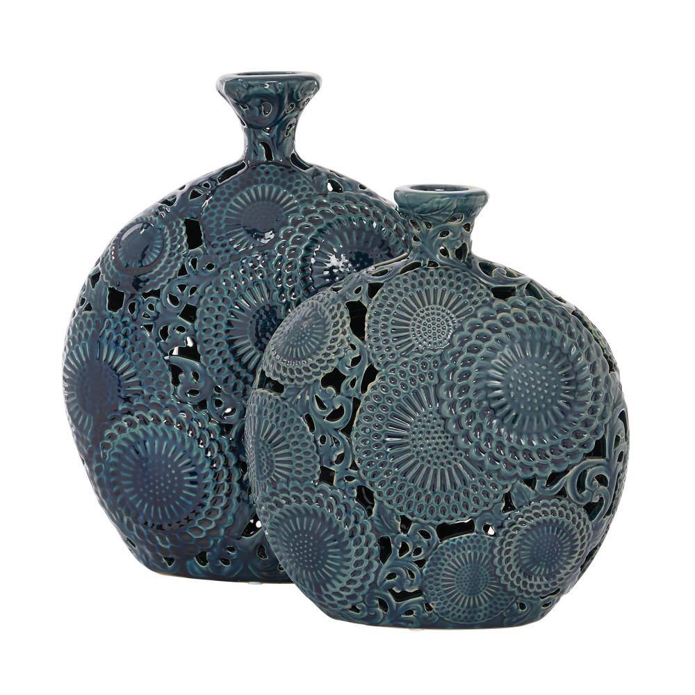 Eclectic Floral Blue Ceramic Bud Vase Set, 13" and 15.5" Height