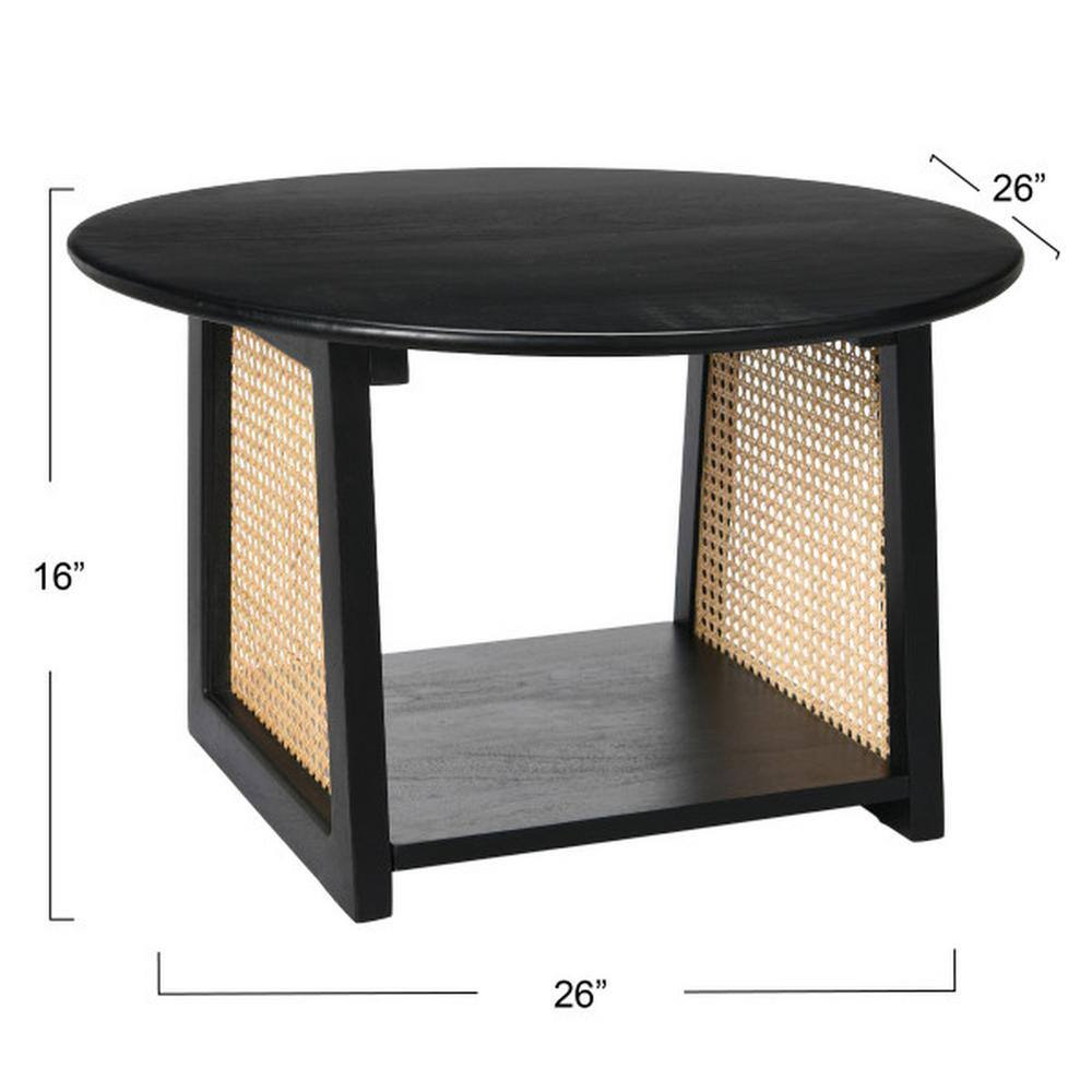 Black Mango Wood and Cane Round Coffee Table with Shelf