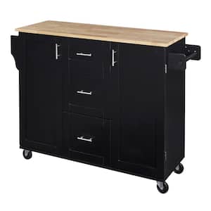 Black Wood 51.49 in. W Rolling Kitchen Island with Storage, Top, 3-Drawer, Shelf, Wheels, with Spice Rack, Tower Rack