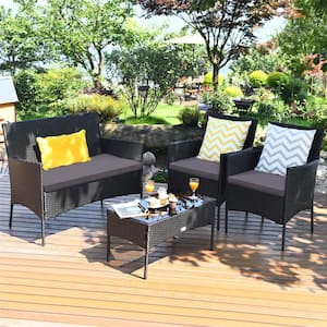 4-Piece Wicker Patio Conversation Set with Sofa Coffee Table and Grey Cushions