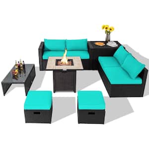 9-Piece Wicker Patio Conversation Set Rattan Sofa with Storage Box and Gas Fire Pit Table and Turquoise Cushions