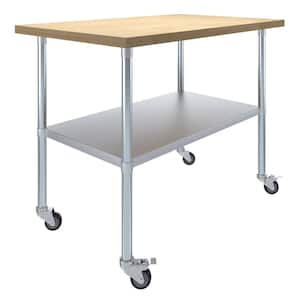 Maple Wood Top 30 in. x 48 in. Kitchen Prep Table with Casters and Adjustable Bottom Shelf