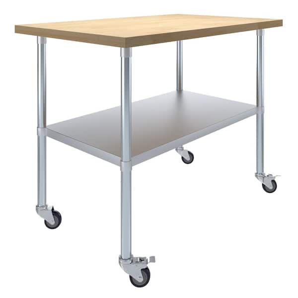 AMGOOD Maple Wood Top 30 in. x 48 in. Kitchen Prep Table with Casters and Adjustable Bottom Shelf