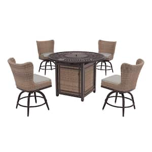 Hazelhurst 5-Piece Brown Wicker Outdoor Patio High Dining Fire Pit Seating Set with CushionGuard Stone Gray Cushions