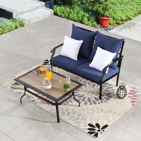 Patio Festival 2-Piece Metal Patio Conversation Set with Blue Cushions