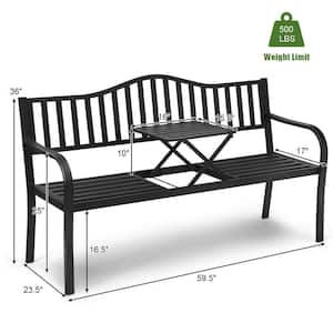 2-Seat Black Metal Outdoor Bench with Built-In Adjustable Center Table