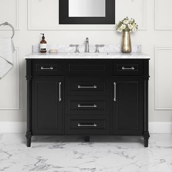 Aberdeen 48 in. Single Sink Black Bath Vanity with Carrara Marble Top (Assembled)