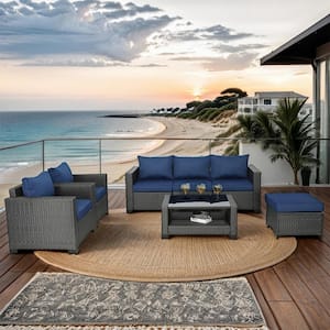 Dark Coffee Rattan 7-Piece Wicker Outdoor Sectional Conversation Set with Dark Blue Cushions